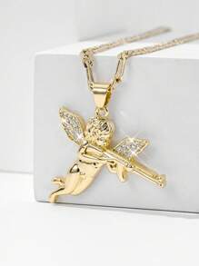 1 件欧式 14K 金分层浮雕铜镶嵌锆石天使丘比特射手吊坠项链，适合送给母亲/情侣/朋友/教母的礼物，日常和节日佩戴 - 金黃色 - 查看 5