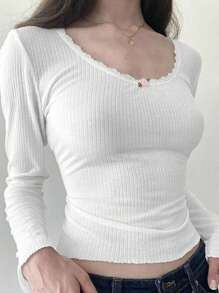 Women Y2k Vintage T Shirt Top Fairy Lace Trim Floral Decor  Scoop Neck Long Sleeve Shirts Teens Girls Slim Fit Going Out Tees Tops Aesthetic Clothes 90s Streetwear - 白色 - 查看 2