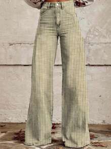 Womens High Rise Jeans Retro Classic Striped Print Wide Leg Denim Pants Boyfriend Jeans With Pockets - Army Green - View 1