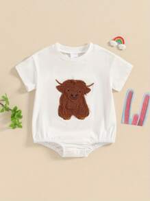 Ropa de verano para niña y niño del oeste, mono de manga corta con bordado de vaca de las Tierras Altas para recién nacidos, ropa bonita - Blanco - Ver 1