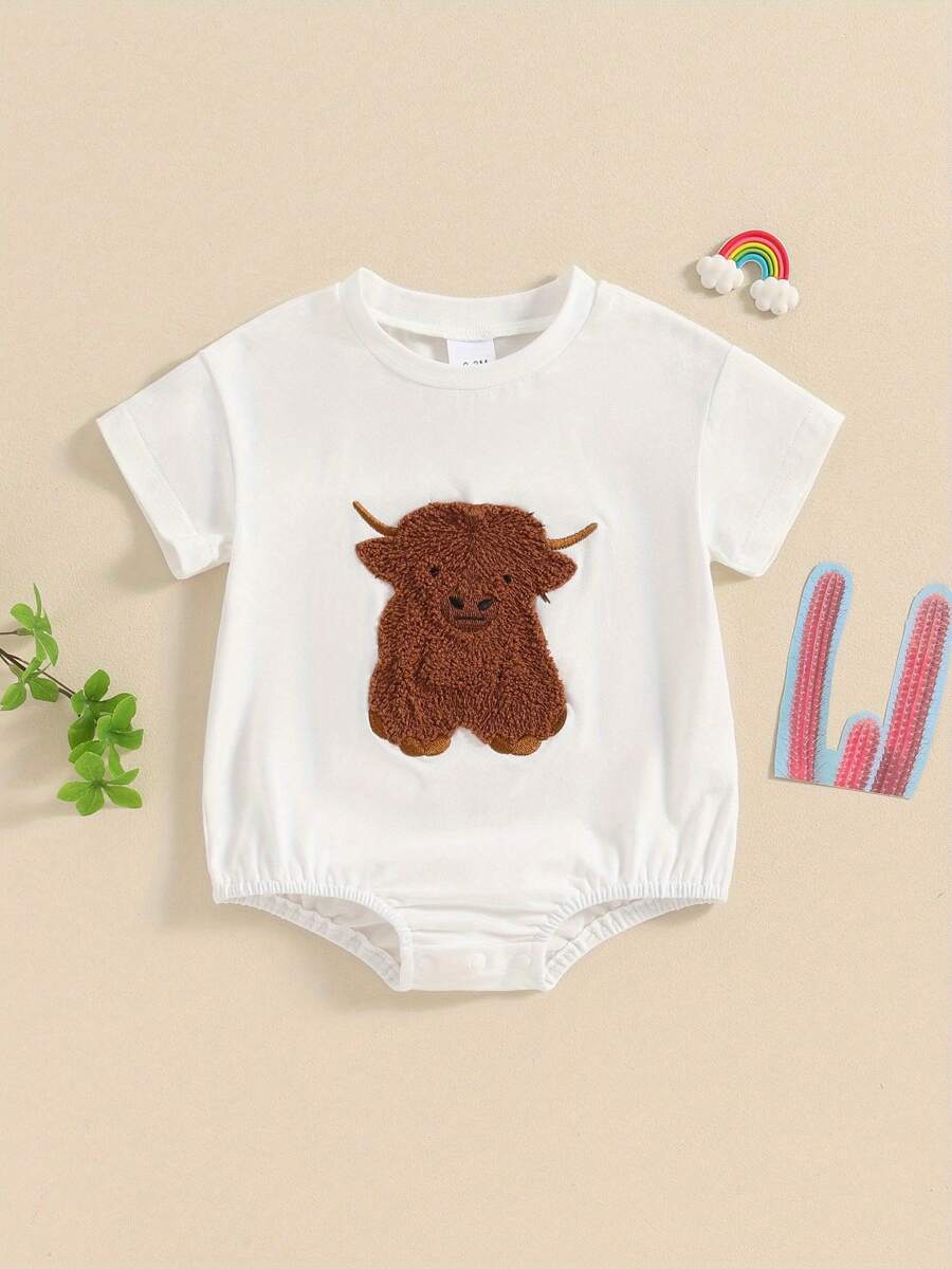 Ropa de verano para niña y niño del oeste, mono de manga corta con bordado de vaca de las Tierras Altas para recién nacidos, ropa bonita - Blanco - Ver 1