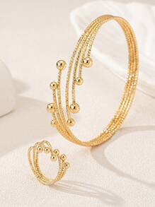 Juego de brazalete y anillo de apertura sencilla con múltiples círculos, estilo clásico retro (sin estuche de regalo)