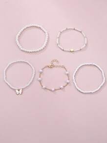 5件/6件装女孩蝴蝶心形软陶、珍珠、米珠脚链套装 - 彩色 - 查看 13