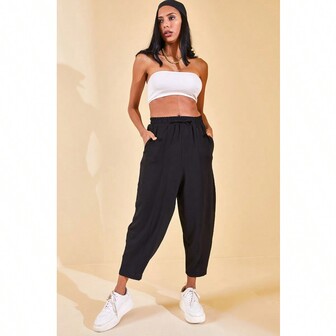 XHAN Slouchy Pants With Elastic Waist - Black