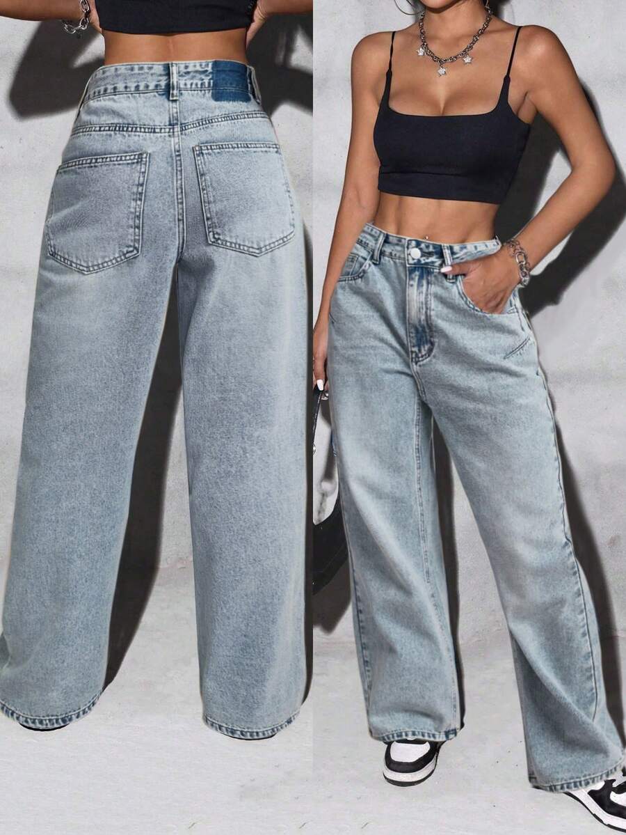 女式中腰简约休闲口袋直筒阔腿牛仔裤，90% 纯棉，宽松版型，无弹力面料，适合春夏日常穿着 - 淺色水洗藍 - 查看 1