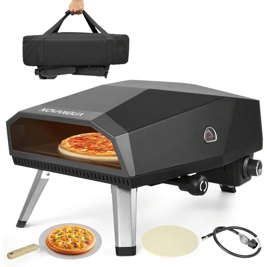 NOVANGUA Horno para pizza de gas, Horno de pizza portátil de 12", acero inoxidable, con termómetro incluido, control de temperatura ajustable, piedra para pizza giratoria, apto para exteriores - 1 - Ver 1