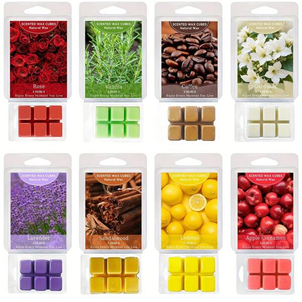 1 pezzo di cera da fusione alla soia fatta a mano da 3 once, infusa con 8 diverse fragranze (Magnolia, Caffè, Loto, Lavanda, Mela, Gelsomino, Limone, Vaniglia), adatta per scaldascaldacera. Confezione regalo di cubetti di cera profumati, aiuta a ridurre lo stress, a rinfrescare l'aria, ideale per le vacanze, a creare un'atmosfera, a migliorare l'umore, può essere utilizzata come decorazione per la casa