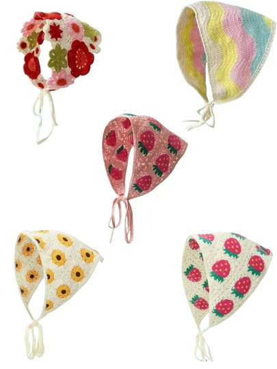 1pc Korean Sweet Hot Chili Crochet Hollow Triangle Scarf, Adorable Tie Headband For Travel (Hand-Woven Strawberry Leaf Quantity Random) Bandanas Head Bandana Hair Scarf, Headscarf Fall Winter Hair Band Hair Accessories For Women For Vacation Outfits Woman