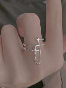 1 件独家设计奢华链条流星和双层十字戒指 - 銀色 - 查看 4