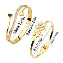 Juego de pulsera de 3 en 1 de acero inoxidable con elegante flor de cuatro hojas, pulsera con colgante de corazón con circonita brillante de estilo romano, adecuado para uso diario, banquetes, bodas y como regalo, para todas las estaciones