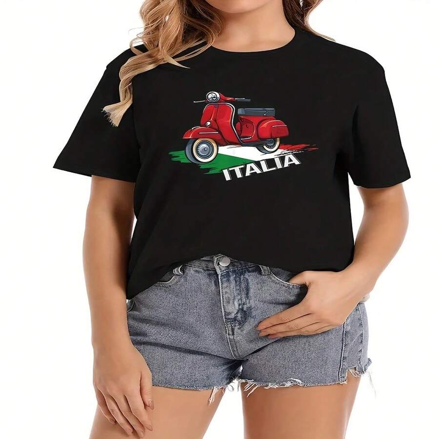 Ltalia Ltaly Flag Souvenirs Awesome Little Motorcycle Gift T-Shirt Short Sleeve Tops Plus Size Tee T-Shirts Fashion Clothing Tee - Black - View 1