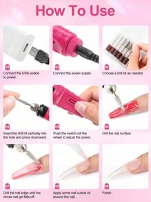 coscelia 电动指甲打磨机，迷你USB指甲打磨机，配有6个钻头和250个砂圈，粉色/黑色/白色指甲锉/卸甲抛光器，适用于亚克力指甲的凝胶指甲打磨机，指甲锉/打磨抛光器，去除老茧，适合家庭或美甲沙龙使用（砂圈随机发货）