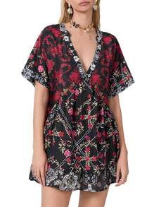 Women's Summer Babydoll Dress Bohemian Floral Print Short Sleeve V-Neck Flowy Dress With Pockets