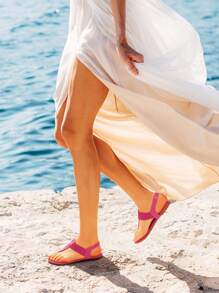 Women's Elastic Strappy String Thong Ankle Strap Summer Gladiator Sandals Valentines Vacation Flat Sandals Shoes - 玫紅色 - 查看 4