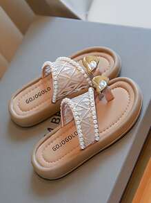1 双女童软底防滑网眼珍珠心形时尚凉鞋，适合夏季 - 香檳色 - 查看 14