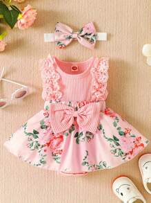Mono de retazos para bebé niña, con estampado de flores, encaje, sin mangas, cuello redondo, lazo frontal y diadema - Rosa brillante - Ver 2