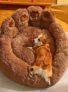 1pc Bear Paw Plush Pet Mat Plush Bear Paw Pet Bed - Polyester PP Cotton Filling, Machine Washable Easy Care, Non-Slip Design, Soothing Anxiety Warm Soothing Donut Bed Bear Paw Shape Pet Bed - Super Soft Cat & Dog Soothing Bed, Suitable For All Seasons, Super Soft Plush Bear Paw Shape, Perfect Choice For All Kinds Of Pets - 咖啡棕 - 查看 3
