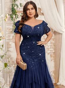 Vestido largo de fiesta con hombros descubiertos, mangas con volantes, encaje floral con lentejuelas, contraste de malla con volantes en el bajo, para eventos, bodas, verano, San Valentín, baile de graduación, cumpleaños, regreso a casa, graduación, festivales - Azul Marino - Ver 7