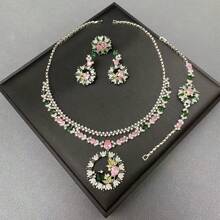 Juego de joyería para mujer con colgante, pendientes, anillo, brazalete, diseño floral con circonita cúbica y gemas de colores, juego de joyería de novia/boda, juego de joyería para vestido de noche