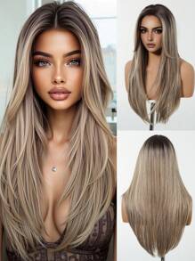 26 Inch Long Straight Hairline U-Part Lace Front Synthetic Wig For Women Brown Mixed White Natural Middle Part Wig Blonde Highlight Wigs - Brown Highlight - View 3