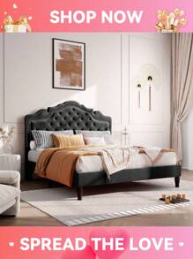 Full/Queen/King Size Bed Frame With Adjustable Velvet Tiara Headboard, Upholstered Diamond Button Tufted Platform Bed, Wood Slats Support, No Box Spring Needed, Black/Grey/White - 黑色 - 查看 2
