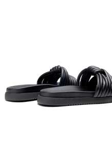 Women Open Toe Slide Sandals Knotted Padded Tubular Straps Leisure Slip On Flat Sandals Summer Casual Chic Comfort Daily Shoes - 黑色 - 查看 9