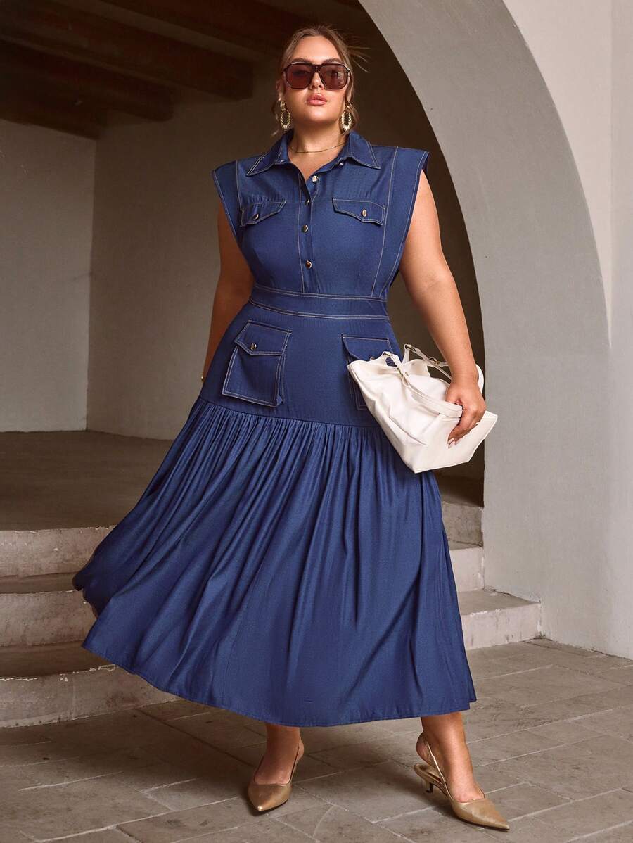 Sollinarry 大码女士优雅纽扣前袋连衣裙，适合女性办公室穿着，也适合教师夏季穿着 - 藏青色 - 查看 1