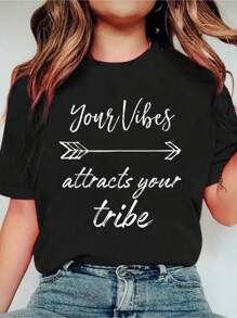 Enfría tu vibra positiva que atrae a los tribetees, camiseta de moda casual de cuello redondo con estampado, camiseta de manga corta de estilo casual/deportivo, ropa de mujer de estilo casual elegante/urbano