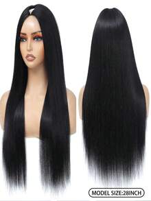 V型假发，真人发直发假发，带夹子，无需胶水，适合初学者，V型假发，无需胶水，无需缝纫，夹式半头假发，女士款，32英寸 - SNatural - 查看 4