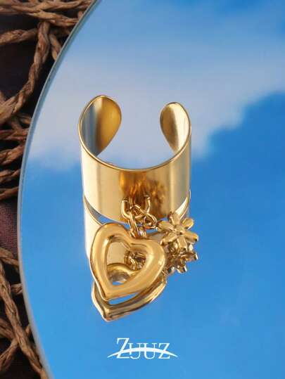 1 pièce Bague charme fleur cœur en acier inoxydable vintage à la mode pour femmes. Bague ouverte pour un port quotidien et un cadeau pour la petite amie, la mère, la sœur