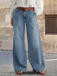 Women's Double Breasted Stitched Low Waisted Flared Jeans, Non Elastic, Loose, Comfortable Casual Denim Wide Leg Pants