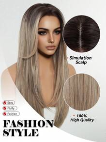 26 Inch Long Straight Hairline U-Part Lace Front Synthetic Wig For Women Brown Mixed White Natural Middle Part Wig Blonde Highlight Wigs - Màu nâu highlight - Xem 8