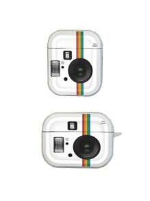 Leren textuur oortelefoonhoesje, creatieve instant camera-stijl beschermhoes compatibel met AirPods Pro 2e generatie, AirPods 1/2/3, draadloze Bluetooth-oortelefoon, minimalistische INS-stijl, zwart en wit