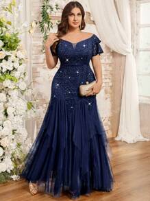 Vestido largo de fiesta, baile de graduación, boda, con hombros descubiertos, mangas con volantes, lentejuelas, encaje floral, contraste de malla, volantes en el bajo, para ocasiones especiales