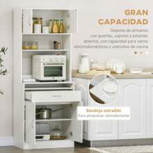 HOMCOM HOMCOM Alacena de Cocina Mueble Aparador Auxiliar con 4 Puertas Bandeja Extraíble Estante Ajustable Cajón y Encimera de Microondas Abierta 70x40x180 cm Blanco