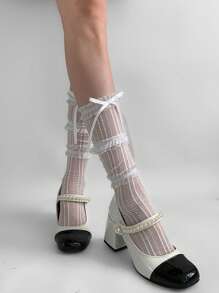 1 Par de Meias de Bezerro com Acabamento de Renda de 3 Camadas e Laço de Fita de Estilo Lolita para Mulheres