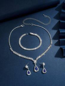 4pcs/Set Minimalist Elegant Floral Drop Pendant Necklace, Earrings, Bracelet Jewelry Set, Rhinestones Bridal Wedding Dress Accessories, Party, Valentine's Day Gifts For Her,Mom,Mother,Mother's Day,Gift