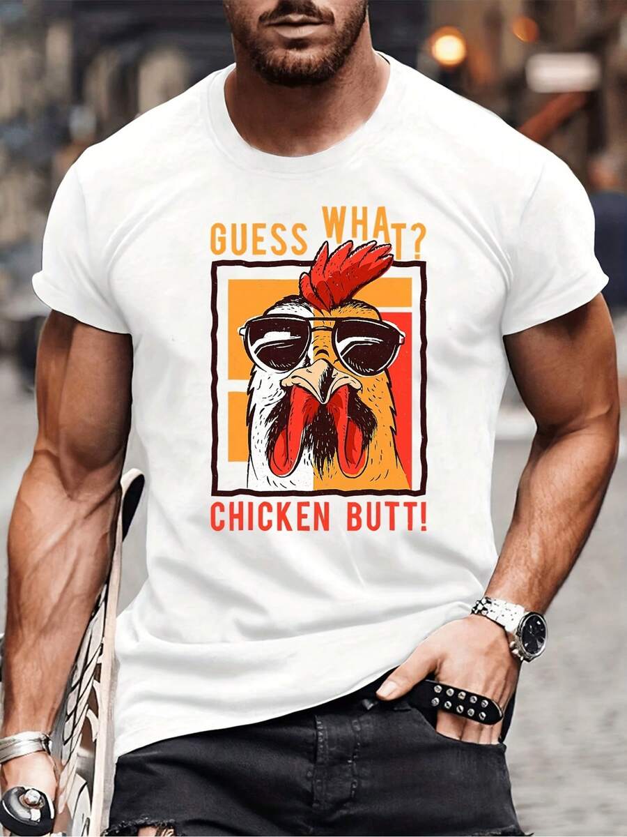 Camiseta Divertida para Hombre, Estampado de Meme de Pollo " What Chicken Butt", 100% Algodón, Cuello Redondo, Manga Corta, Ideal para Verano y Ropa Casual, Perfecta para Amantes de los Memes. - Blanco - Ver 1