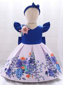 Hibobi 2 Pieces Baby Girl Floral Print Dress, 3D Flower Decoration And Bowknot Headband, Great For Birthday Parties And Formal Events - 藍色 - 查看 1