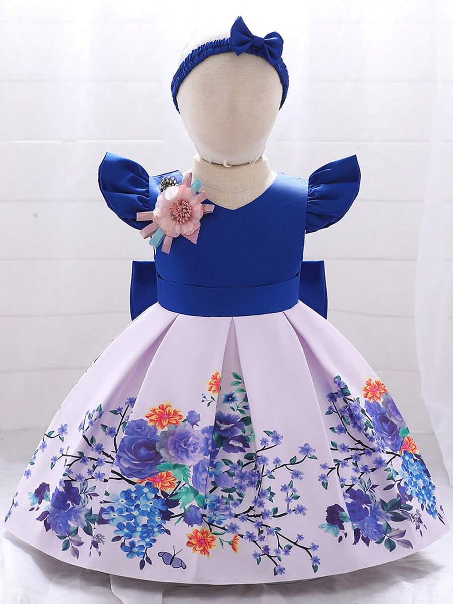 Hibobi 2 Pieces Baby Girl Floral Print Dress, 3D Flower Decoration And Bowknot Headband, Great For Birthday Parties And Formal Events - 藍色 - 查看 1