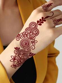 1 张花朵临时纹身贴纸，适用于女性手部、手指和身体艺术，栗色指甲花纹身贴纸，适合斋月，防水花朵假纹身，适合婚礼、派对和节日 - 彩色 - 查看 2