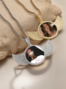 Personalized Rhinestone Studded Angel Wings Photo Necklace | Custom Photo Necklace | Hip Hop Photo Pendant | Iced Custom Round Photo Pendant,Gold,Silver,Stylish,Colorful,Vintage,Unisex,Hipster,Simple,Casual,Custom,Personalized,Unique,Ideal Gifts For Him,Ideal Gifts For Her,Her,Boyfriend,Girlfriend,Dad,Mom,Family,Friends,For Anniversaries,For Birthdays,For Graduation,For Prom,For Party,Jewelry Women,Elegant Outfit,Delicate Romance,Silver Stylish - Multicolor - View 6