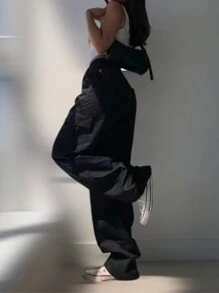 Women's Cargo Pants, Jeans Or Twill, Drawstring, Various Colors - 黑色 - 查看 1