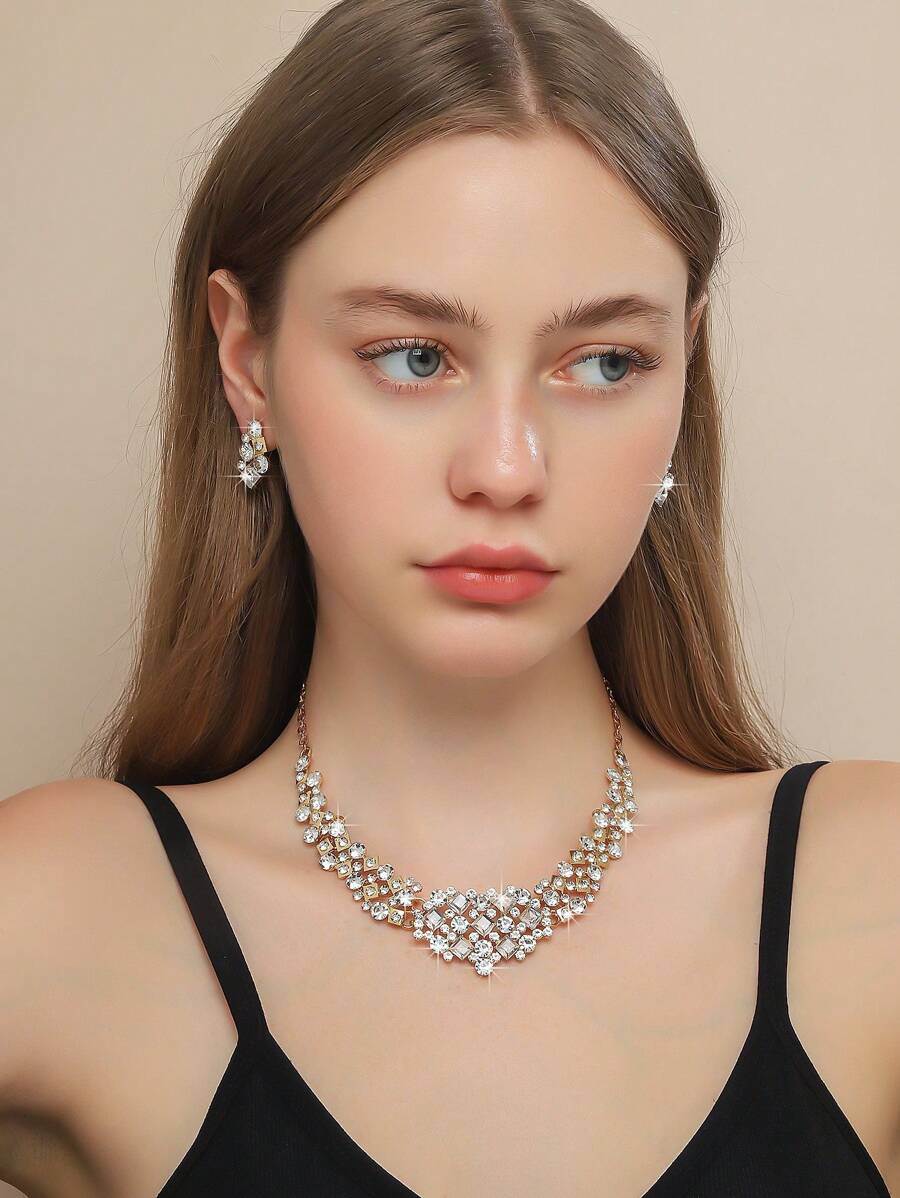 3pcs/Set Elegant Full Diamond Geometric Accessory Set, Great For