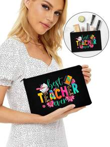 Creative Teacher Alphabet Printed Linen Handbag,Big Bag With Small Bag,Khaki Color Block Shopping Bag - Black - View 4
