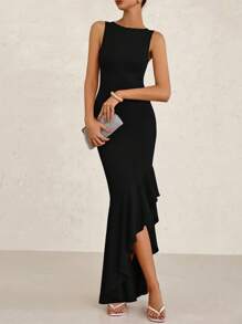 Women's Summer Elegant Slim Dress Sleeveless Peplum Mermaid Cocktail Wedding Guest Formal Dress - 黑色 - 查看 2