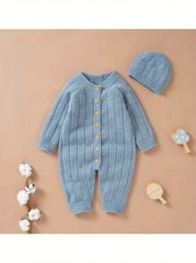 Infant Winter Jumpsuit And Cap, Solid Color Long Sleeve Single-Breasted Knitted Romper, 0-18 Months - Màu xanh lam - Xem 2