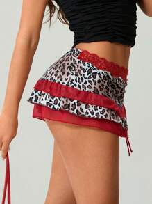 Women Mini Short Skirt Low Waisted Leopard Print Ruffle Lace Edge Fashion Short Skirt - Violet Purple - View 6