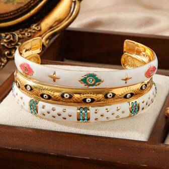 1pc Stainless Steel 18K Layered Pearl Minimalist Enamel Bangle Bracelet, Fashionable & Elegant, Suitable For Party, Date, Office Wear