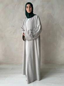 1 chiếc Abaya phong cách Ả Rập rộng rãi cho phụ nữ theo đạo Hồi, áo choàng cardigan dài bằng vải lanh thêu nhiều màu thanh lịch, thoải mái cho hàng ngày, lễ hội, tụ tập - màu be xám - Xem 4